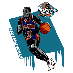 Ilustração de Isaiah Thomas, jogador de basquete do Detroit Pistons, em ação com a bola. Ele usa o uniforme da equipe, destacando-se com a camisa número 11. O logo dos Pistons aparece ao fundo, complementando a imagem vibrante.