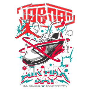 Design gráfico comemorativo do Air Max Day, com uma ilustração de um tênis Air Jordan e elementos coloridos, datado de 26 de março de 2016, em Braamfontein.