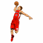 Jogador de basquete em ação, vestido com uniforme vermelho dos Los Angeles Clippers, realizando uma enterrada com a bola na mão.