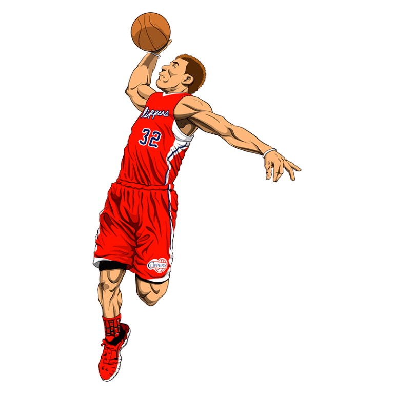 Jogador de basquete em ação, vestido com uniforme vermelho dos Los Angeles Clippers, realizando uma enterrada com a bola na mão.