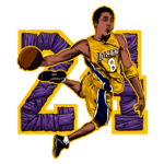 Ilustração de um jogador de basquete com camisa do Los Angeles Lakers, número 8, saltando e driblando uma bola. O fundo destaca o número 24, em cores roxas e amarelas, simbolizando a equipe e a homenagem a um jogador icônico da NBA.