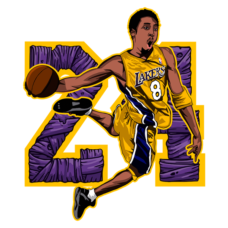 Ilustração de um jogador de basquete com camisa do Los Angeles Lakers, número 8, saltando e driblando uma bola. O fundo destaca o número 24, em cores roxas e amarelas, simbolizando a equipe e a homenagem a um jogador icônico da NBA.