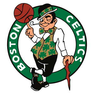 Logo dos Boston Celtics, apresentando um mascote em trajes tradicionais irlandeses, segurando uma bola de basquete e um bastão, com fundo verde e branco.