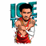 Ilustração de jogador de basquete comemorando com o gesto "Ice Tray", vestido com a camisa do Atlanta Hawks, destacando a atitude e a intensidade do esporte.