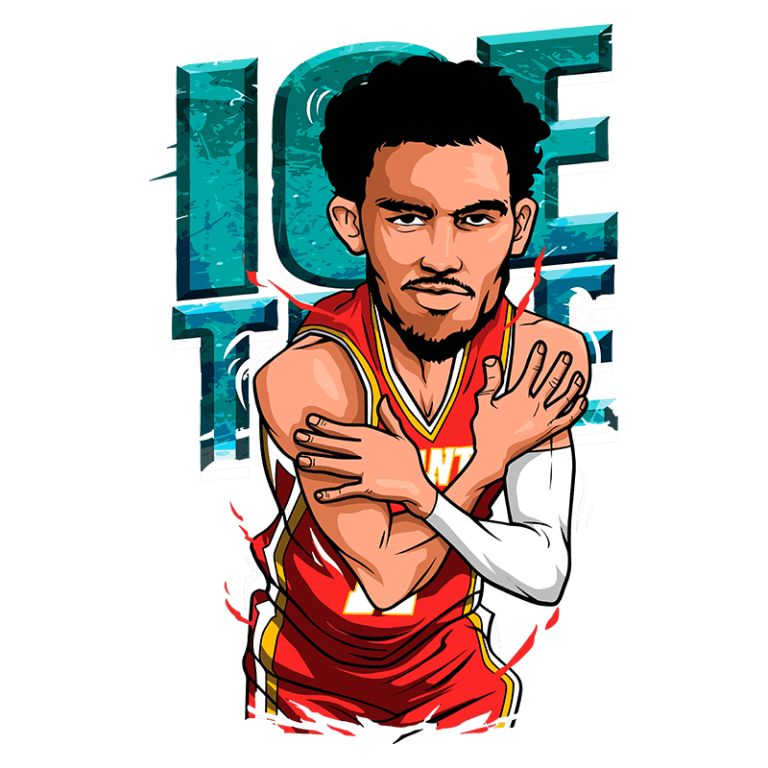 Ilustração de jogador de basquete comemorando com o gesto "Ice Tray", vestido com a camisa do Atlanta Hawks, destacando a atitude e a intensidade do esporte.