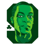 Ilustração digital de um homem com tom de pele escuro, retratado em tons de verde, enfatizando um tema de sorte ou festividade. Ao lado, um ícone de trevo. Ideal para representações de cultura e celebrações.