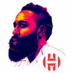 Imagem estilizada de um jogador de basquete com barba e cabelo volumoso, em tons vibrantes de rosa e roxo, apresentando um logotipo vermelho ao lado.