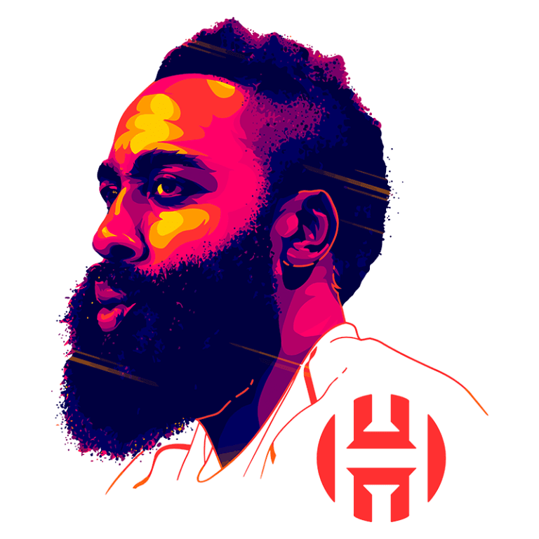 Imagem estilizada de um jogador de basquete com barba e cabelo volumoso, em tons vibrantes de rosa e roxo, apresentando um logotipo vermelho ao lado.