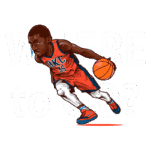 Jogador de basquete em ação com a bola, vestindo uniforme do Oklahoma City Thunder, com a frase "WHERE TO GO?" em destaque ao fundo. Ideal para fanáticos por esportes e memorabilia de basquete.