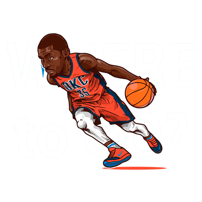 Jogador de basquete em ação com a bola, vestindo uniforme do Oklahoma City Thunder, com a frase "WHERE TO GO?" em destaque ao fundo. Ideal para fanáticos por esportes e memorabilia de basquete.