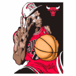 Ilustração de jogador de basquete com número 23, vestindo uniforme do Chicago Bulls, segurando uma bola de basquete e fazendo um gesto com a mão. O fundo é escuro com o logotipo dos Bulls.