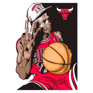 Ilustração de jogador de basquete com número 23, vestindo uniforme do Chicago Bulls, segurando uma bola de basquete e fazendo um gesto com a mão. O fundo é escuro com o logotipo dos Bulls.