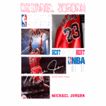Imagem dedicada a Michael Jordan, ícone do basquete, destacando sua carreira na NBA. Inclui fotos de ele jogando, seu famoso número 23, e informações sobre suas vitórias em playoffs e campeonatos. O design ressalta sua importância no esporte e a frase "Talent wins games, but teamwork and intelligence wins championships."