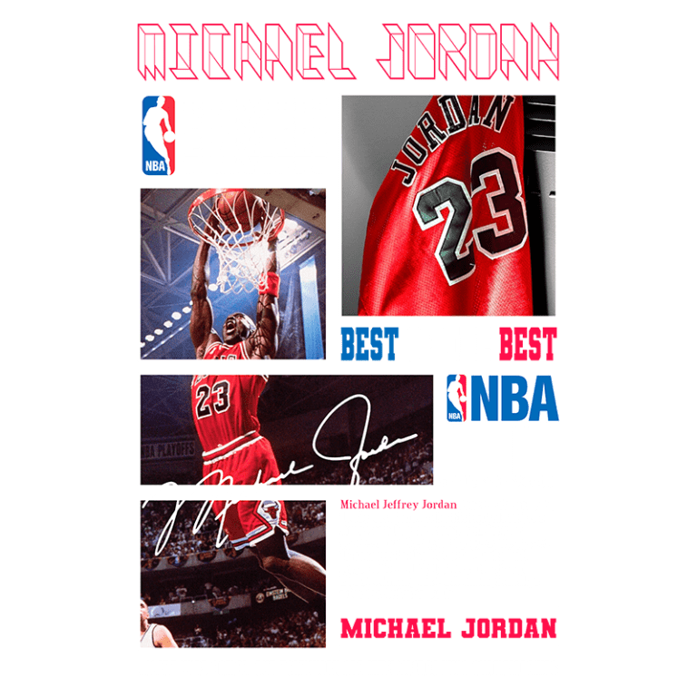 Imagem dedicada a Michael Jordan, ícone do basquete, destacando sua carreira na NBA. Inclui fotos de ele jogando, seu famoso número 23, e informações sobre suas vitórias em playoffs e campeonatos. O design ressalta sua importância no esporte e a frase "Talent wins games, but teamwork and intelligence wins championships."
