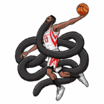 Jogador de basquete vestido com uniforme do Houston Rockets, cercado por tentáculos estilizados, enquanto levanta uma bola de basquete em um fundo verde. Arte gráfica inspirada na dinâmica do esporte.