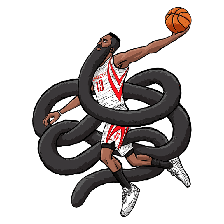 Jogador de basquete vestido com uniforme do Houston Rockets, cercado por tentáculos estilizados, enquanto levanta uma bola de basquete em um fundo verde. Arte gráfica inspirada na dinâmica do esporte.