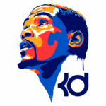 Ilustração artística de um jogador de basquete com expressão contemplativa, destacando seu rosto em cores vibrantes, com as iniciais "KD" ao lado, representando um famoso atleta.