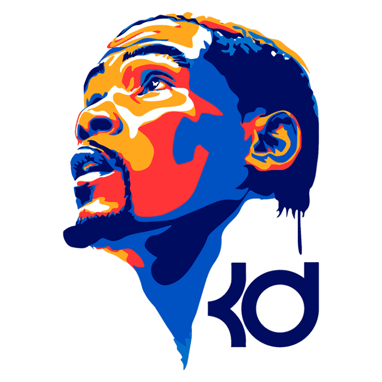 Ilustração artística de um jogador de basquete com expressão contemplativa, destacando seu rosto em cores vibrantes, com as iniciais "KD" ao lado, representando um famoso atleta.