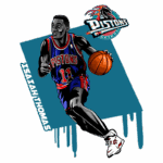Ilustração de Isaiah Thomas, jogador icônico da NBA, em uniforme do Detroit Pistons. Ele está driblando uma bola de basquete, destacando-se em um fundo azul vibrante, com o logotipo dos Pistons na parte superior.