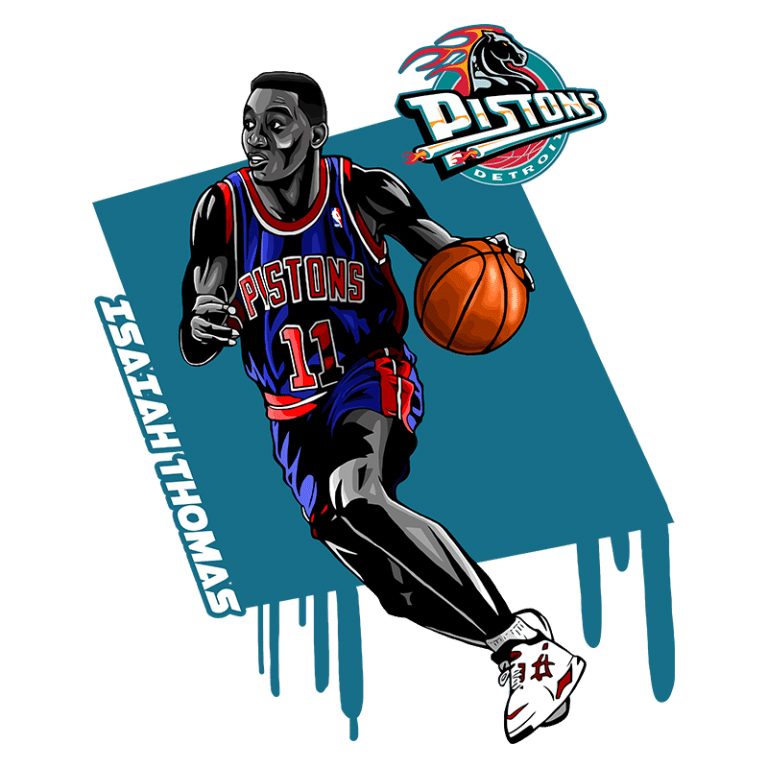 Ilustração de Isaiah Thomas, jogador icônico da NBA, em uniforme do Detroit Pistons. Ele está driblando uma bola de basquete, destacando-se em um fundo azul vibrante, com o logotipo dos Pistons na parte superior.
