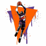 Jogador de basquete em ação, arremessando a bola, vestindo o uniforme do Phoenix Suns, com fundo vibrante em tons de laranja e roxo. Ideal para temas de esportes e cultura urbana.