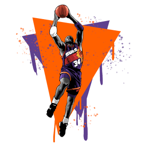 Jogador de basquete em ação, arremessando a bola, vestindo o uniforme do Phoenix Suns, com fundo vibrante em tons de laranja e roxo. Ideal para temas de esportes e cultura urbana.