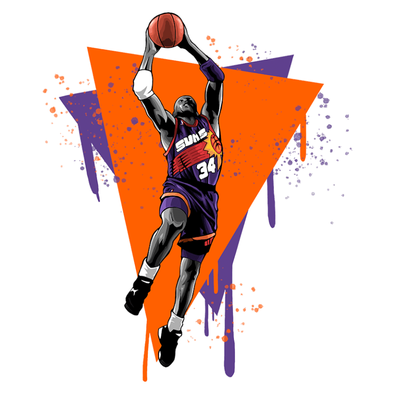Jogador de basquete em ação, arremessando a bola, vestindo o uniforme do Phoenix Suns, com fundo vibrante em tons de laranja e roxo. Ideal para temas de esportes e cultura urbana.