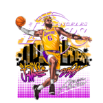 Ilustração de LeBron James, usando a camisa amarela do Los Angeles Lakers, driblando uma bola de basquete em uma pose dinâmica. Ao fundo, silhuetas de palmeiras e a cidade de Los Angeles, com elementos artísticos coloridos destacando seu apelido "King James" e referências a Akron.