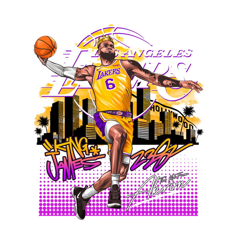 Ilustração de LeBron James, usando a camisa amarela do Los Angeles Lakers, driblando uma bola de basquete em uma pose dinâmica. Ao fundo, silhuetas de palmeiras e a cidade de Los Angeles, com elementos artísticos coloridos destacando seu apelido "King James" e referências a Akron.