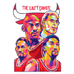 Ilustração colorida inspirada na série "The Last Dance", apresentando figuras icônicas como Michael Jordan, Scottie Pippen e Phil Jackson, todos vestindo uniformes do Chicago Bulls.