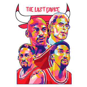 Ilustração colorida inspirada na série "The Last Dance", apresentando figuras icônicas como Michael Jordan, Scottie Pippen e Phil Jackson, todos vestindo uniformes do Chicago Bulls.