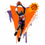 Ilustração de Charles Barkley, jogador de basquete dos Phoenix Suns, realizando um arremesso. A figura exibe uma camisa com o número 34, destacando-se em um fundo laranja estilizado com elementos gráficos de basquete.