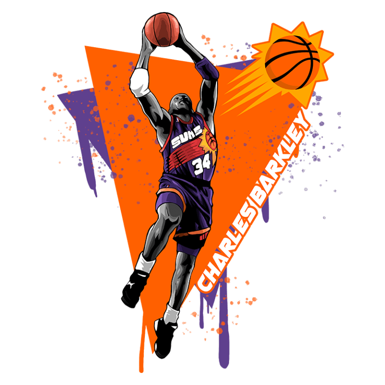 Ilustração de Charles Barkley, jogador de basquete dos Phoenix Suns, realizando um arremesso. A figura exibe uma camisa com o número 34, destacando-se em um fundo laranja estilizado com elementos gráficos de basquete.