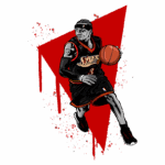 Jogador de basquete em ação, vestindo uniforme do Philadelphia 76ers, driblando a bola em estilo dinâmico. Ilustração com fundo vermelho e elementos gráficos.