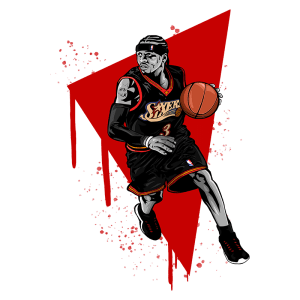 Jogador de basquete em ação, vestindo uniforme do Philadelphia 76ers, driblando a bola em estilo dinâmico. Ilustração com fundo vermelho e elementos gráficos.