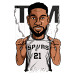 Ilustração de Tim Duncan, lendário jogador de basquete do San Antonio Spurs, usando a camisa número 21. Ele está sorrindo e segurando a camisa, com um fundo que destaca seu nome.
