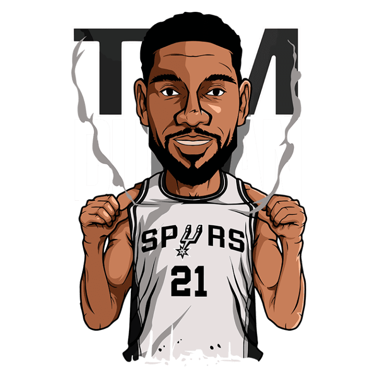 Ilustração de Tim Duncan, lendário jogador de basquete do San Antonio Spurs, usando a camisa número 21. Ele está sorrindo e segurando a camisa, com um fundo que destaca seu nome.
