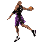 Jogador de basquete realizando uma enterrada, vestido com uniforme roxo e preto com o número 15 nas costas, segurando uma bola de basquete na mão.