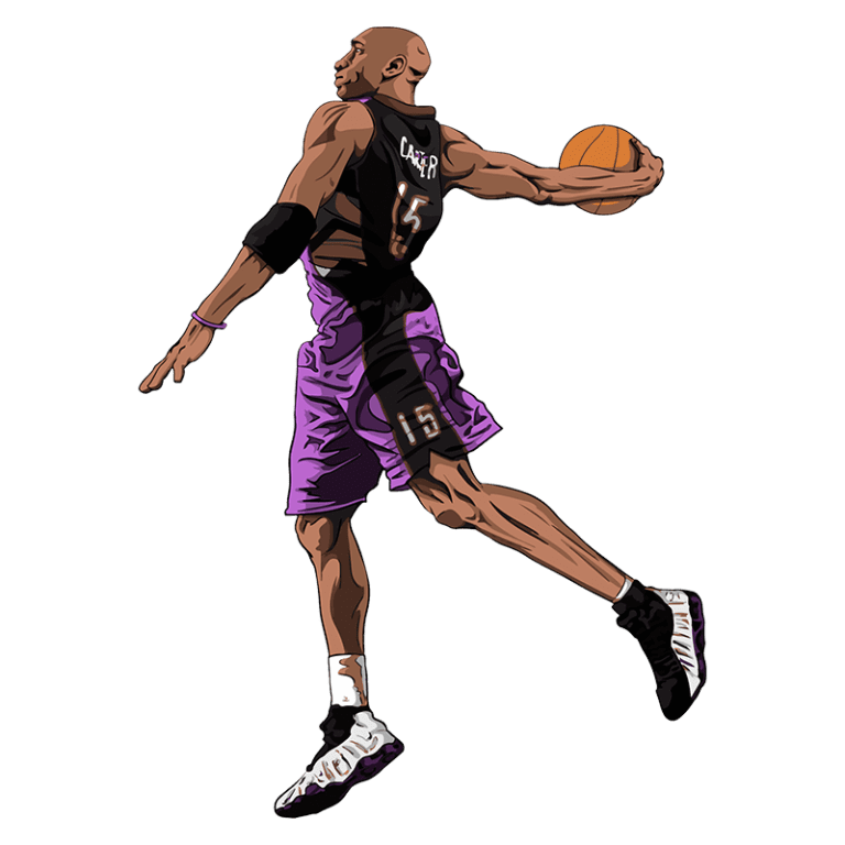 Jogador de basquete realizando uma enterrada, vestido com uniforme roxo e preto com o número 15 nas costas, segurando uma bola de basquete na mão.