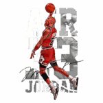 Ilustração de Michael Jordan em movimento, usando uniforme dos Chicago Bulls, com a bola de basquete levantada e sua assinatura abaixo. Ao fundo, as palavras "AIR" e "JORDAN" em destaque, simbolizando seu legado no basquete.