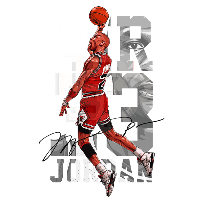 Ilustração de Michael Jordan em movimento, usando uniforme dos Chicago Bulls, com a bola de basquete levantada e sua assinatura abaixo. Ao fundo, as palavras "AIR" e "JORDAN" em destaque, simbolizando seu legado no basquete.