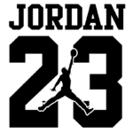 Logo estilizado com o nome "JORDAN" e o número "23", apresentando a silhueta icônica de um jogador de basquete em ação, representando Michael Jordan. Ideal para produtos relacionados a esportes e cultura de basquete.