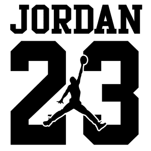 Logo estilizado com o nome "JORDAN" e o número "23", apresentando a silhueta icônica de um jogador de basquete em ação, representando Michael Jordan. Ideal para produtos relacionados a esportes e cultura de basquete.