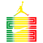 Logotipo da marca Jordan com figura icônica de jogador pulando, sobreposto a um fundo com cores verde, amarelo e vermelho, representando elementos culturais, juntamente com o símbolo da Nike em branco, criando um design dinâmico e esportivo.