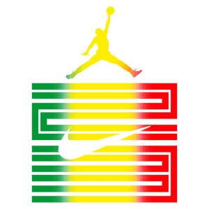 Logotipo da marca Jordan com figura icônica de jogador pulando, sobreposto a um fundo com cores verde, amarelo e vermelho, representando elementos culturais, juntamente com o símbolo da Nike em branco, criando um design dinâmico e esportivo.