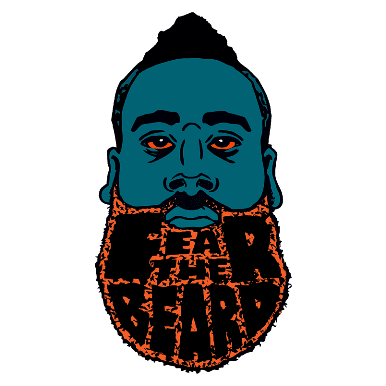 Ilustração de um homem com barba volumosa, expressando a mensagem "Fear the Beard". Design em cores vibrantes, destacando o rosto e a barba. Ideal para temas de estilo e cuidados com a barba.
