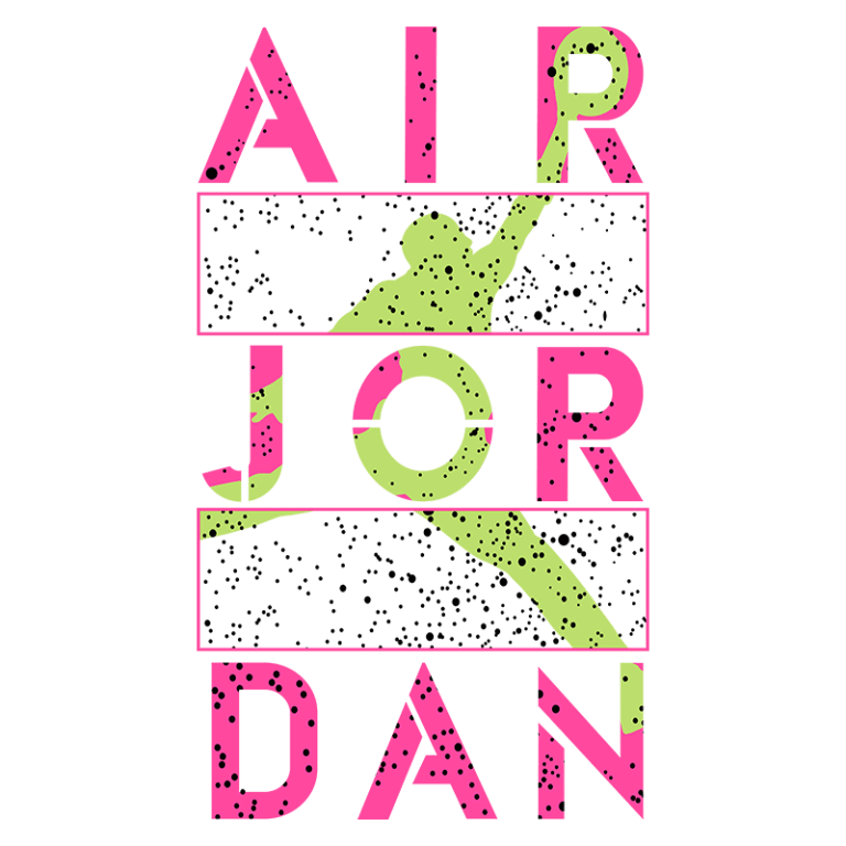 Design gráfico do logotipo "Air Jordan" em cores vibrantes, com a silhueta de um jogador em ação. Ideal para representar a cultura do basquete e a marca Nike.