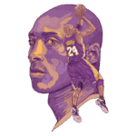 Ilustração de Kobe Bryant, destacando sua habilidade no basquete, com um retrato estilizado de seu rosto e uma imagem dele pulando para fazer uma cesta, vestido com o uniforme dos Los Angeles Lakers.