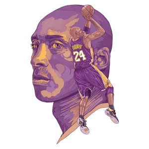 Ilustração de Kobe Bryant, destacando sua habilidade no basquete, com um retrato estilizado de seu rosto e uma imagem dele pulando para fazer uma cesta, vestido com o uniforme dos Los Angeles Lakers.
