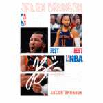 Imagem de Jalen Brunson, jogador profissional de basquete da NBA, destacando seu nome, número 11 do New York Knicks, e sua assinatura. Inclui informações sobre sua carreira, como desempenho nos playoffs e conquistas no basquete universitário.